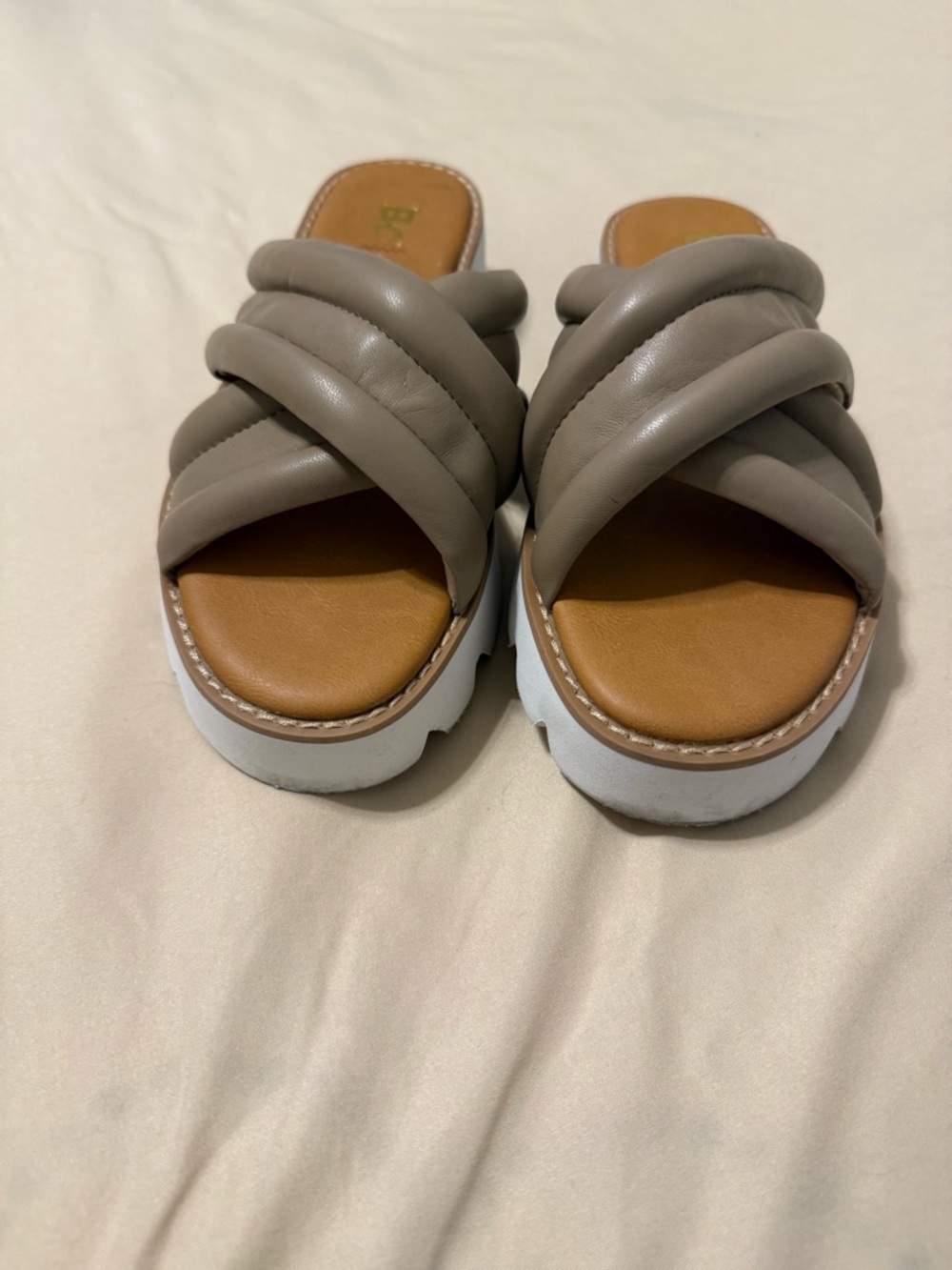 BC Footwear Taupe Padded Crisscross Wedge Slides
